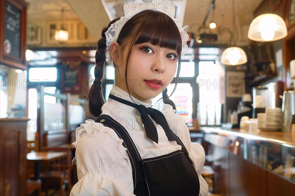 Young Asian woman waitress dressed in maid costumes in Japanese Maid Cafe. KI generiert, generiert, AI generated