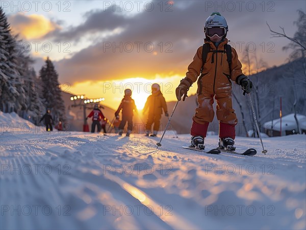 Children are traveling with a ski school in the mountains and learning to ski, AI generated