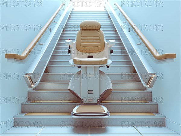 A pensioner rides a stair lift up a flight of stairs, AI generated