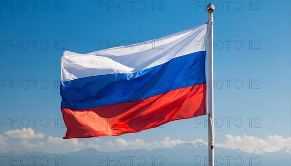 The flag of Russia flutters in the wind, isolated against a blue sky