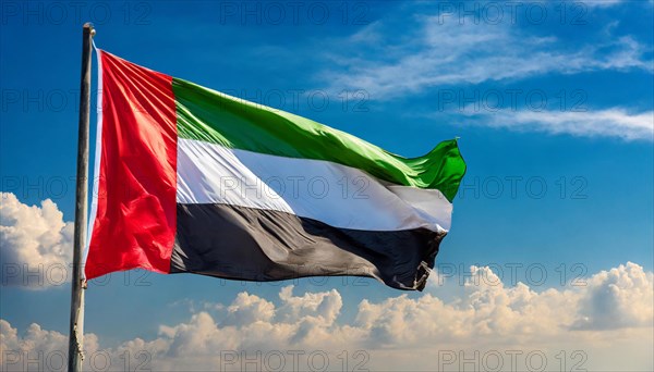 The flag of United Arab Emirates, fluttering in the wind, isolated, against the blue sky