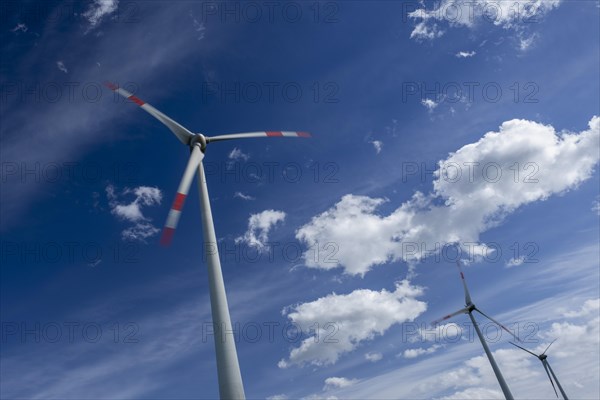 Wind turbines near the Avacon substation Helmstedt, Helmstedt, Lower Saxony, Germany, Europe