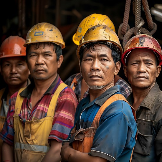 Group of construction workers with dirty faces and helmets look seriously into the camera, group picture with international employees and colleagues, AI generated