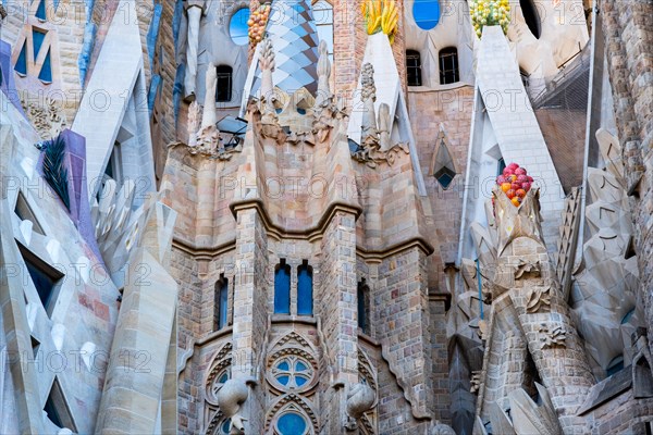 Passion facade of the Sagrada Familia basilica under construction, Roman Catholic basilica by Antoni Gaudi in Barcelona, Spain, Europe