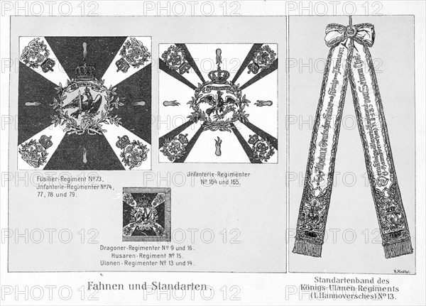 Plate with various military flags and standards, Fusilier Regiment, Infantry, Dragoons, Hussars, Uhlans and Royal Uhlan Regiment, historical black and white illustration, from 'Zur Erinnerung an die Koeniglich Hannoversche Armee und ihre Stammtruppen', commemorative sheet for the celebration of 19 December 1903, Meisenbach, Riffarth & Co., Germany, Europe