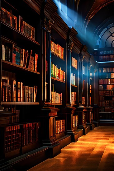 AI generated old library with antique wooden bookshelves