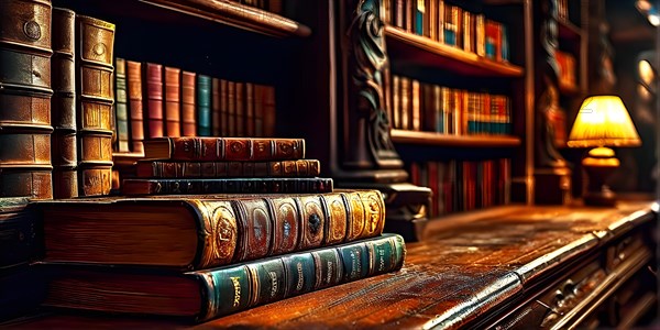 AI generated old library with antique wooden bookshelves