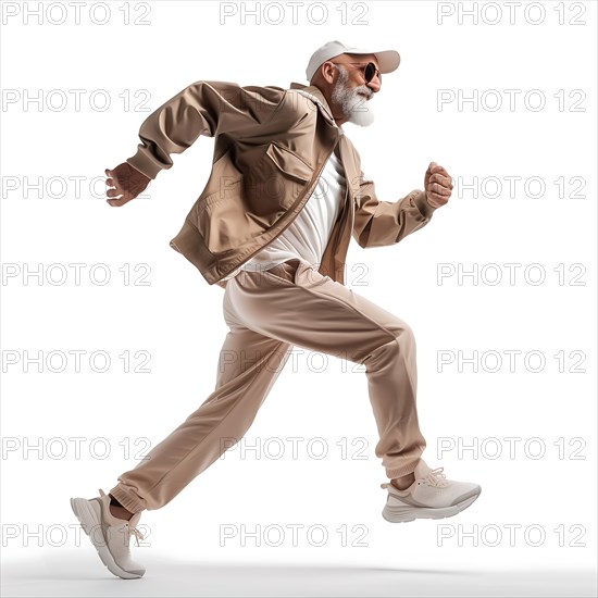 Cheerful older man in beige clothing runs dynamically on a white background, run, start, advert, special offer, AI generated