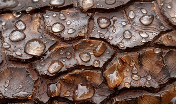 Close-up of cedar bark with raindrops clinging to its textured surface AI generated