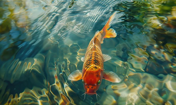 Close-up of colorful koi fish swimming in the clear waters of a spring lake AI generated