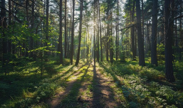 A tranquil pine forest, with sunlight filtering through the dense canopy AI generated