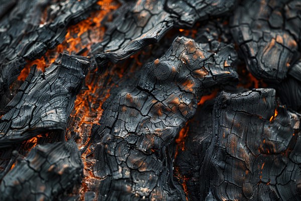 Close up of burning charred tree bark. KI generiert, generiert, KI generiert, generiert, AI generated