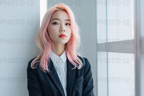 Young Asian woman with black business suit with pastel pink dyed hair. KI generiert, generiert, AI generated