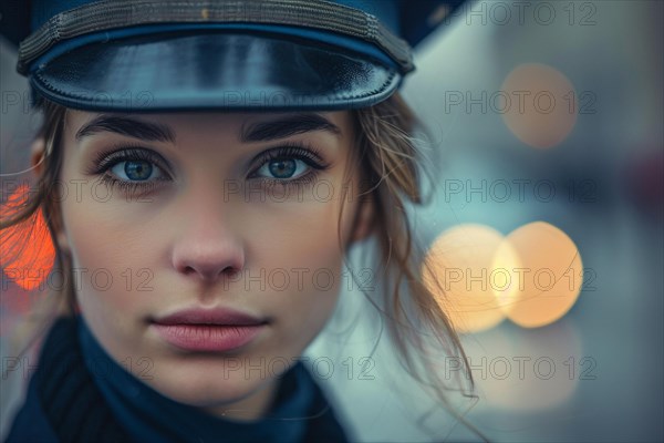 Close up of face of young police woman. KI generiert, generiert, AI generated