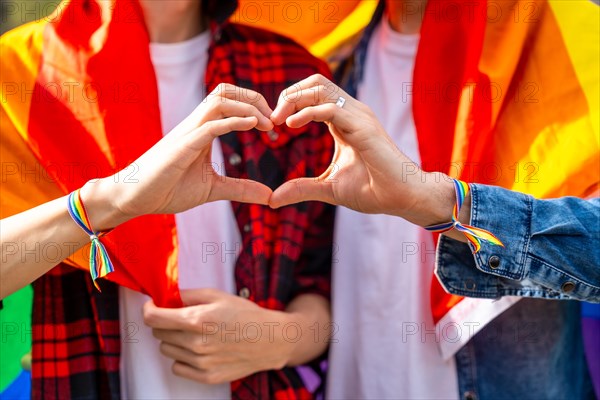 Close-up of two unrecognizable gay people joining hand to form heart shape