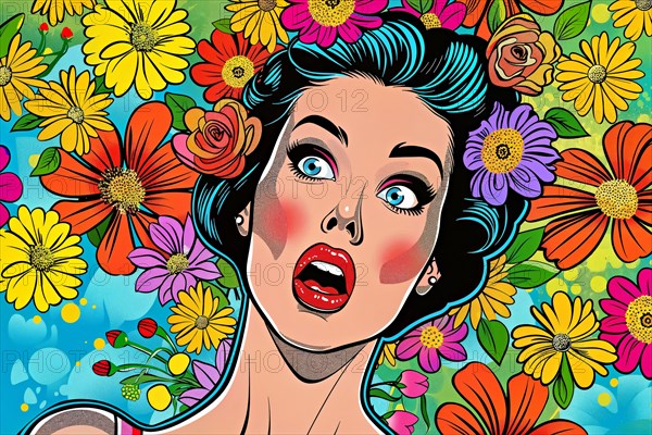 Woman in pop art style, upset, with orange flowers on turquoise background, AI generated, AI generated