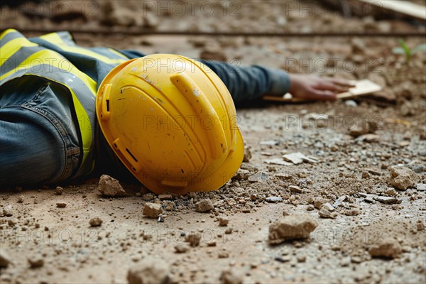 Close up of construction worker with safety helmet lying on ground after accident at construction site. KI generiert, generiert, AI generated