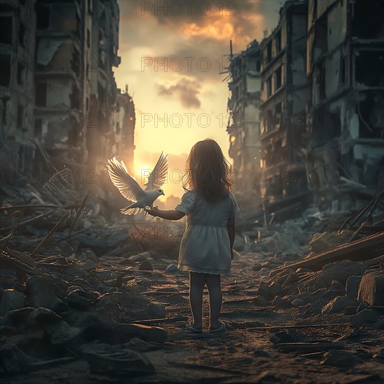 A child stands in front of destroyed buildings, a dove spreads its wings in front of her, destroyed houses, war, dove of peace, AI generated