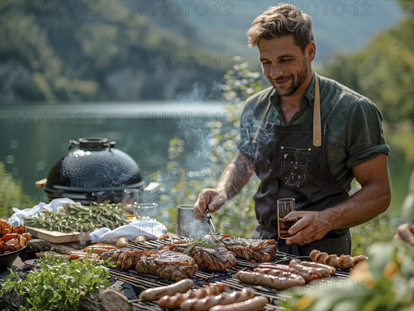 Barbecue party, guests with glasses in their hands stand around a chef who is grilling sausages and steaks, AI generated