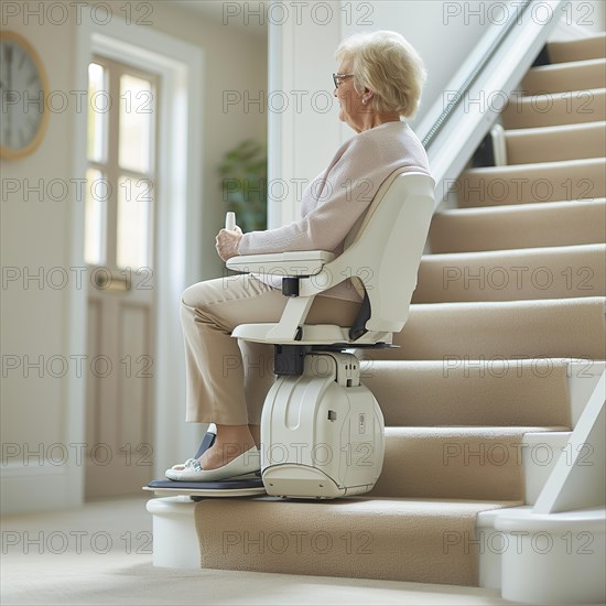 A pensioner rides a stair lift up a flight of stairs, AI generated