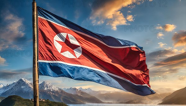 The flag of North Korea flutters in the wind, isolated against a blue sky