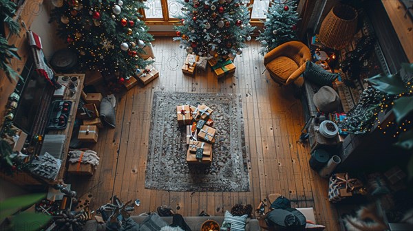 An inviting festive interior with Christmas trees and gifts, captured in an overhead view, AI generated