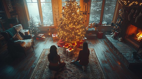 Two children sitting in front of a brightly lit Christmas tree and a glowing fireplace, AI generated