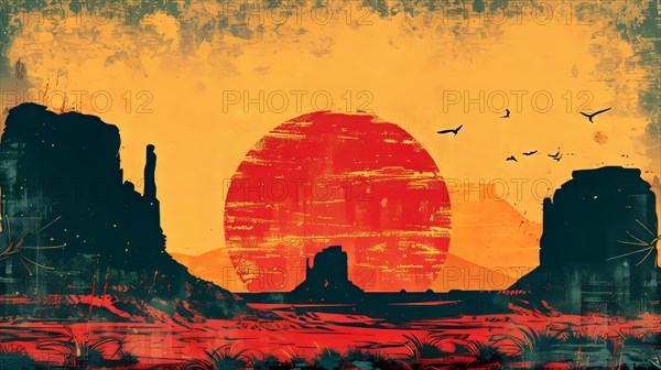 Tranquil Western desert landscape with birds flying across a stunning red sunset, ai generated, AI generated