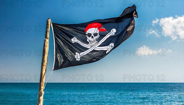 The pirate flag flutters in the wind, isolated against the blue sky