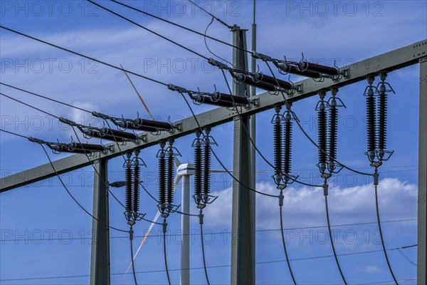 Insulators on high-voltage lines at the Avacon substation in Helmstedt, Helmstedt, Lower Saxony, Germany, Europe