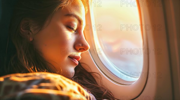Woman relaxing with her eyes closed at the window of an aeroplane, light shimmers, AI generated, AI generated