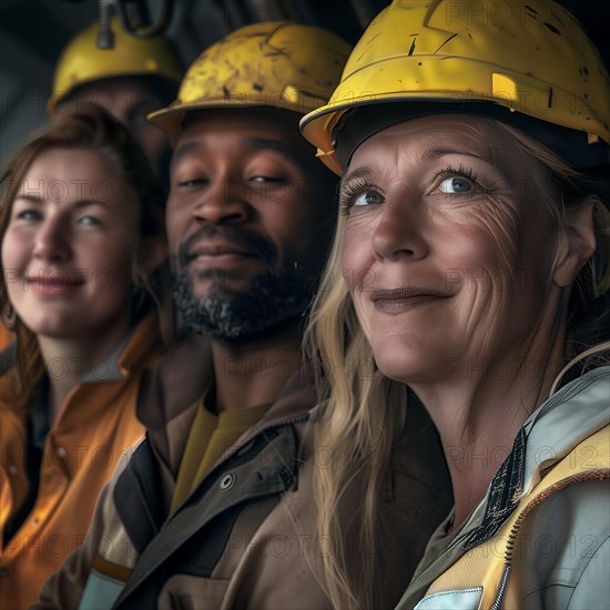 A group of cheerful construction workers look optimistic and connected, group picture with international employees and colleagues, KI generated, AI generated