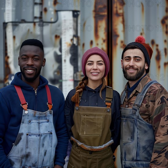 Three smiling colleagues in warm work clothes stand in front of a metallic background, group picture with people in work clothes of different nationalities and cultures, AI generated