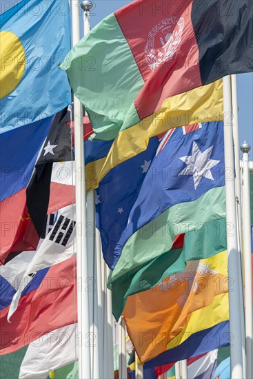 Many flags in front of the United Nations Conference Centre, Bangkok, Thailand, Asia