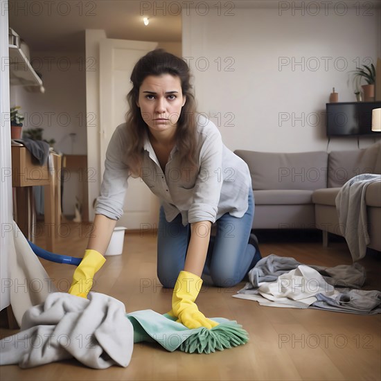 An annoyed woman in cleaning gloves kneels in the messy living room and cleans the floor, No desire to tidy up, AI generated