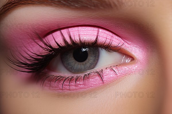Woman's eye with pink eyeshadow makeup and long dark eyelashes. KI generiert, generiert, AI generated