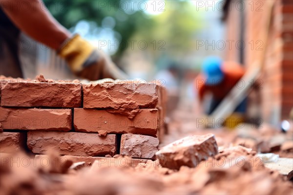 Brick wall being built at construction site. KI generiert, generiert, AI generated