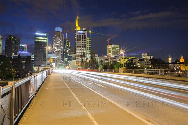 Skyline and banking district after sunset, twilight, Commerzbank, HelaBa, Hessische Landesbank, Untermainbruecke, Frankfurt am Main, Hesse, Germany, Europe