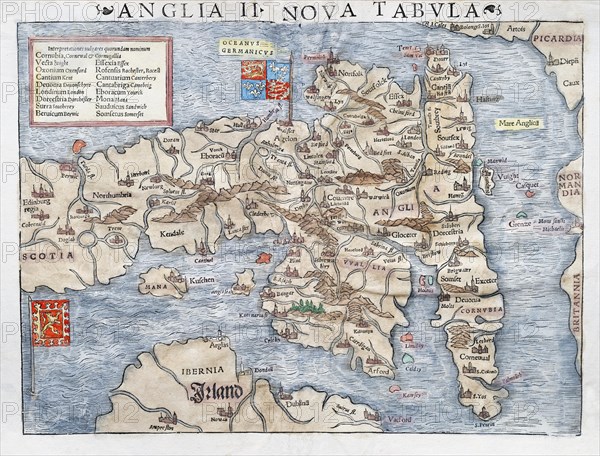 England and Scotland, hand-coloured woodcut map from Sebastian Muenster Cosmographey oder Beschreibung aller Laender, Basel 1542