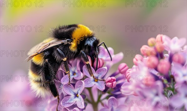 Close-up of a bumblebee pollinating lilac flowers AI generated