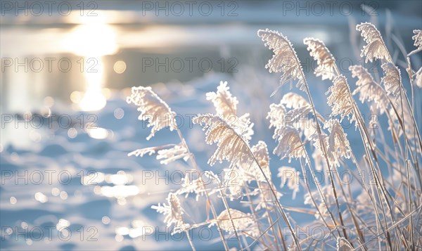 Close-up of frosty reeds along the edge of a frozen lake AI generated