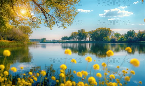 A serene lakeside landscape with trees lining the shore AI generated