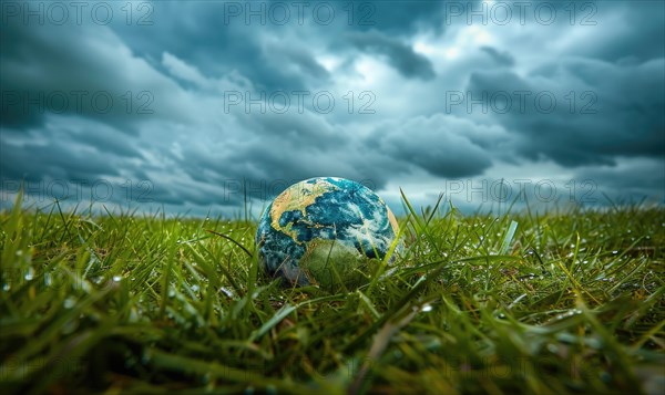 An Earth globe on a grassy meadow with a dramatic cloudy sky as the backdrop AI generate, AI generated