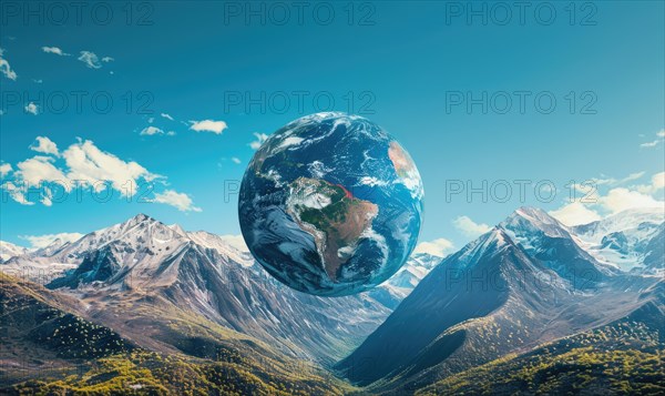 An Earth globe set against a mountain backdrop with a clear blue sky AI generated