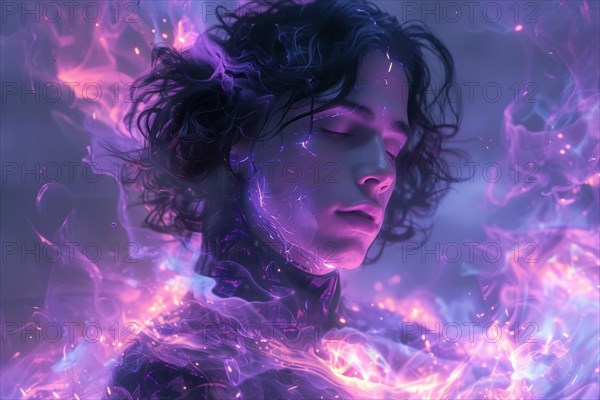 A digital illustration of a male figure immersed in a cosmic purple plasma-like environment, AI Generated, AI generated
