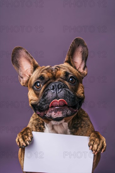 Rench Bulldog dog holding empty white sign in front of purple studio background. KI generiert, generiert, AI generated