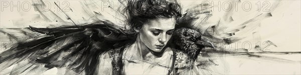 Drawing of a woman in close contact with a raven, harmonious and soulful, raven woman, banner, AI generated, AI generated