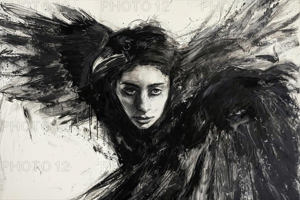 Monochrome artwork of a woman with a staring gaze merging with a raven and wings, raven woman, cover design, AI generated, AI generated