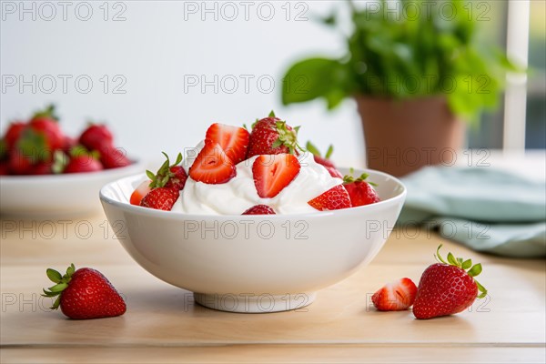 Bowl with whipped cream and strawberry fruits. KI generiert, generiert, AI generated