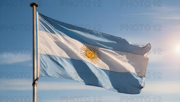 The flag of Argentina flutters in the wind, isolated against a blue sky